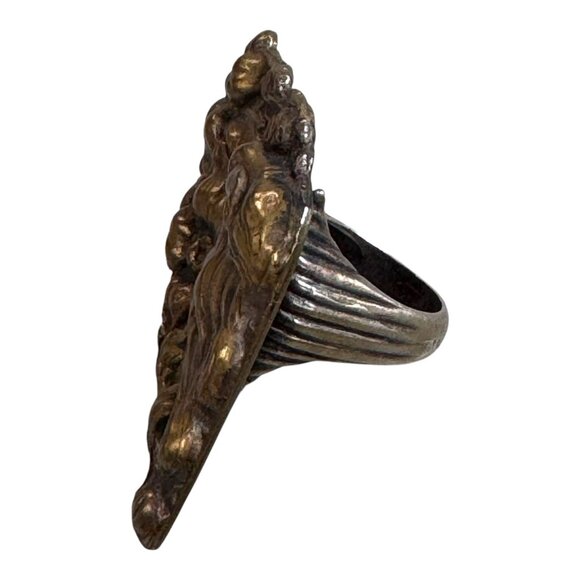 Antique  Art Nouveau Sterling Silver Womans Face Floral Flowers Statement Ring 6 - Picture 9 of 12